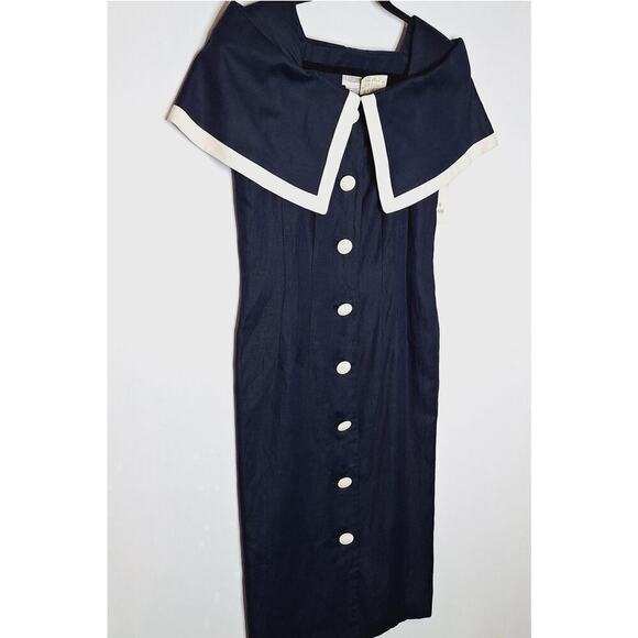 Vintage 90s Courtenay Linen Blend Off Shoulder Midi Shirt Dress M Navy Nautical - Picture 2 of 10